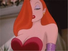 an animated woman with red hair and purple bra in a pink corset is looking at the camera