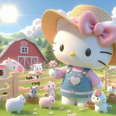 the hello kitty character is surrounded by farm animals