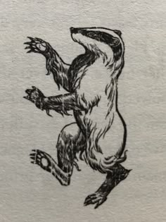 an ink drawing of a creature with its arms spread out and feet crossed, in front of a white background