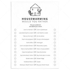 the housewarming checklist is shown on a white background