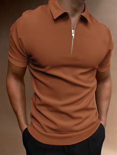 Rust Brown Casual Collar Short Sleeve Polyester Plain  Embellished Medium Stretch Summer Men Tops Polo Shirts Men, Winter Shorts, Zipper Shorts, Mens Essentials, Mens Polo Shirts, Polo Shirts, Short Sleeve Blouse, Casual Outfit, Mens Summer