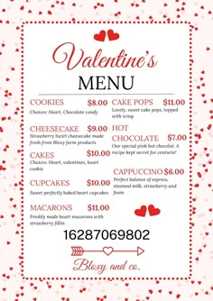 a valentine's menu with hearts on it