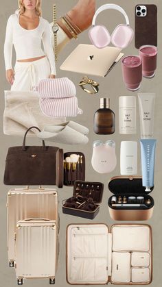 a collage of women's personal items including shoes, handbags and purses