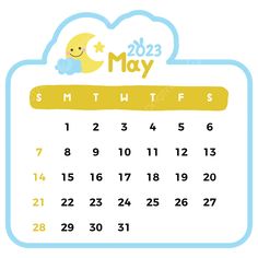 a calendar with the month of may in blue, yellow and white on it's side