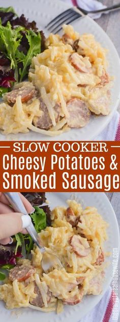 this slow cooker cheesy potatoes and smoked sausage is the perfect side dish