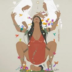 a woman sitting on the ground with two angel wings above her head, surrounded by flowers and butterflies