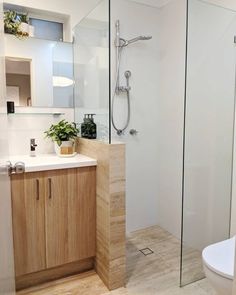 a bathroom with a sink, toilet and shower stall in it's own area