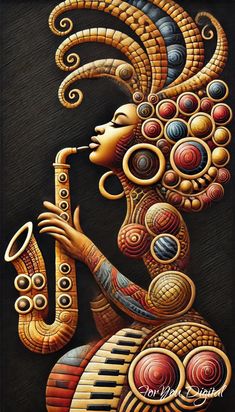 a painting of a woman playing the saxophone