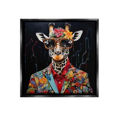 a painting of a giraffe wearing sunglasses and a suit with flowers on his head