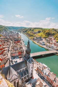 an aerial view of a city and river