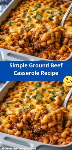 two images show the same casserole in different dishes, one with meat and cheese