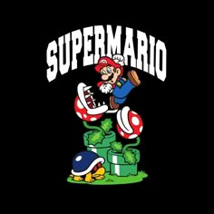 the super mario bros logo is shown on a black background with white letters and an image of