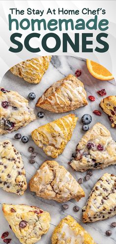 Overhead view of various flavors of homemade scones on a marble cutting board. Dried Blueberry Scones, Bread Machine Scones, Can You Freeze Scones, Blueberry Orange Scones, Easy Pumpkin Scones, Lemon Cranberry Scones, Cranberry Orange Sour Cream Scones, Apple Scones Recipe Easy, Sourdough Blueberry Scones