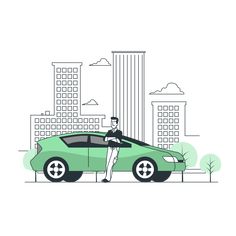 a man standing next to a green car in front of tall buildings