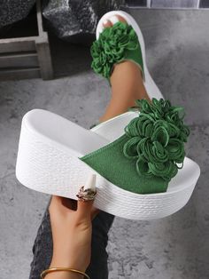 Fashionable Women Floral Decor Wedge Heel Platform Sandals, Suitable For Outdoor Green Fashionable    Plain    Women Shoes, size features are:Bust: ,Length: ,Sleeve Length: Green Wedges, Crochet Sandals, Shoes Outfit Fashion, Platform Wedge Sandals, Stylish Shoes, Kids Beachwear, Platform Wedges, Floral Decor, Platform Sandals