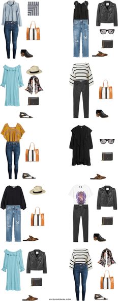 an assortment of clothes and accessories arranged in the shape of a rectangle on a white background