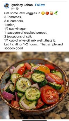 a bowl filled with cucumbers and tomatoes on top of a counter next to an instagram post