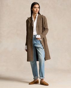 Plaid Wool Twill Trench Coat Sweatpants And Sweater, Plaid Trench Coat, Wimbledon Fashion, Ladies Coat Design, Polo Sport, Chino Jeans, Ralph Lauren Purple Label, Coat Design, Trench Coats Women