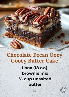 chocolate pecan ooey gooey butter cake on a plate