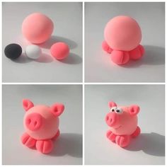 four pictures of different shapes and sizes of pink pig with two balls in the shape of an egg