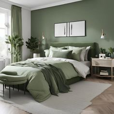 a bedroom with green walls and white bedding, plants on the nightstands in front of the bed