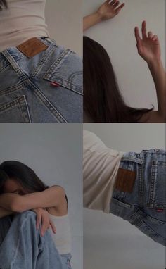 four pictures showing different ways to wear jeans with the same amount of buttons on them