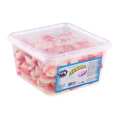 a plastic container filled with pink and white marshmallows on a white background