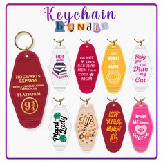 the keychain bundle includes six different types of luggage tags, one with words on them