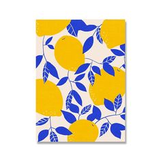 a yellow and blue lemon pattern on a white background with leafy branches in the foreground