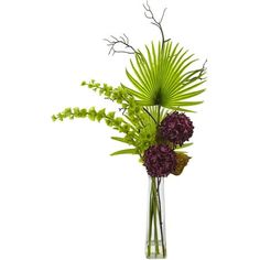 a vase filled with flowers and greenery on top of a table