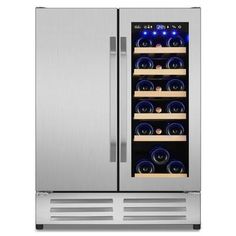 a stainless steel refrigerator with wine bottles in it