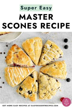 blueberry scones with white icing on top and text overlay that reads super easy master scones recipe