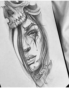 a pencil drawing of a woman's face with a skull on top of her head