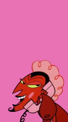 a cartoon character with an evil look on his face and hands in front of a pink background