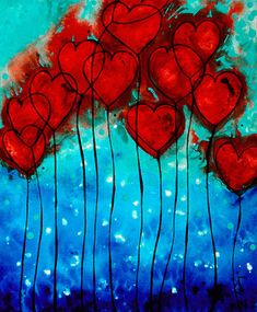 a painting of red hearts floating in the air