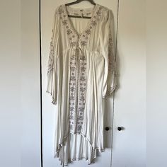 Cotton. Runs Large. Nwot Embroidered V-neck Rayon Dress, Embroidered Off-white Spring Dresses, Off White Embroidered Spring Dress, Embroidered Off White Spring Dresses, Off White Dresses With Intricate Embroidery For Summer, Off White Long Sleeve Dress With Floral Embroidery, White Long Sleeve Rayon Dress, Spring Embroidered Long Dress, White Long Sleeve Dress For Festival