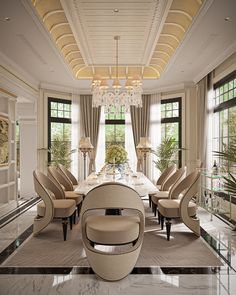 an elegant dining room with chandelier, chairs and marble table in the center