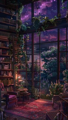 a living room filled with lots of books and furniture under a purple sky full of stars