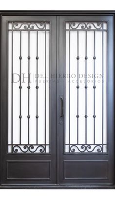 double doors with wrought iron bars and glass panels on the sides, both side by side