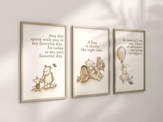 three winnie the pooh wall art prints hanging on a wall next to each other