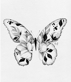 a black and white drawing of a butterfly with flowers on it's back wings