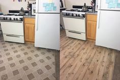 two pictures of a kitchen with white appliances and wood flooring, one showing the same color