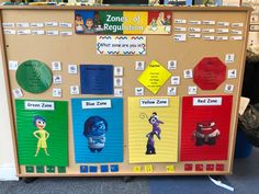 a bulletin board with pictures of different characters on it and some stickers attached to the boards