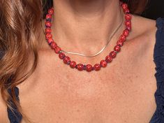 Vibrant coral red colored wood beads are paired up with blue lapis lazuli gemstone chips to create this colorful bohemian beaded choker necklace.  Layer this up with other beaded or metal chains, or wear it as a stand alone necklace.   Necklace length: 16" Love it but can't buy it right now? Click on the ❤️ to your right that says "Add item to favorites." Back to the SHOP: https://www.etsy.com/shop/EvieOlu *PACKAGING AND GIFT WRAPPING* All jewelry comes packaged in a small kraft box with padding for protection. There is an Evie Olu stamp on the top of the box and it is tied with ribbon. Perfect for gifting. Please message me for any gift note requests. *FOLLOW EVIEOLU ON* Instagram - https://www.instagram.com/EvieOlu/ Pinterest - https://www.pinterest.com/leighamber13/ Facebook - https://w Red Beaded Necklaces, Colorful Bohemian, Necklace Wood, Lapis Lazuli Necklace, Wood Bead Necklace, Color Necklace, Necklace Red, Coral Red, Blue Lapis