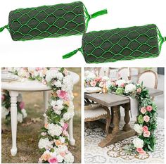 two green ties with pink and white flowers on them next to a table covered in greenery