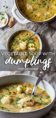 two pictures of soup with dumplings and broccoli