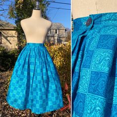 "This listing is for a beautiful vintage mid century brighr blue novelty print cotton full skirt! Such a great print on this skirt! It features pleats, belt loops at the waistband and has a metal side zipper and button closure. This skirt was photographed using a crinoline slip to fully capture its potential, but the list price is for the skirt only. Such a gorgeous and unique piece! This vintage skirt is in excellent vintage condition, showing some light age appropriate signs of general wear. There are a few what looks to be \"scuff\" marks near the side zip region of the skirt, but the skirt is still crisp like new and they hide pretty well among the pleats, which is nice (see photos, priced accordingly). Please see photos for details and ask any questions you may have prior to purchasin Skirt Vintage, 50s Fashion, Novelty Print, Print Skirt, Full Skirt, Vintage Skirt, Printed Skirts, The List, Side Zipper