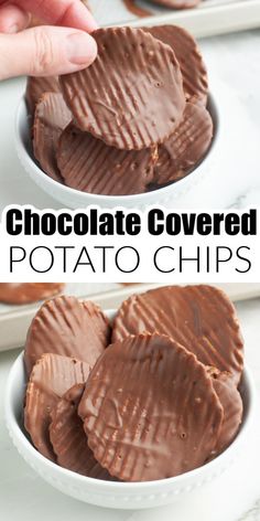 chocolate covered potato chips in a white bowl with text overlay that reads chocolate covered potato chips