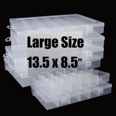 three clear plastic storage boxes stacked on top of each other with the words large size 13 5 x 8 5