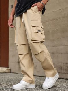 Men Casual Solid Color Cargo Pants Khaki Casual   Woven Fabric Plain Straight Leg Non-Stretch  Men Clothing, size features are:Bust: ,Length: ,Sleeve Length: Color Cargo Pants, Danger Force, Long Sleeve Tops Casual, Inspiration Mode, Long Pants, Jogger Pants, Mens Bottom, Colorful Leggings